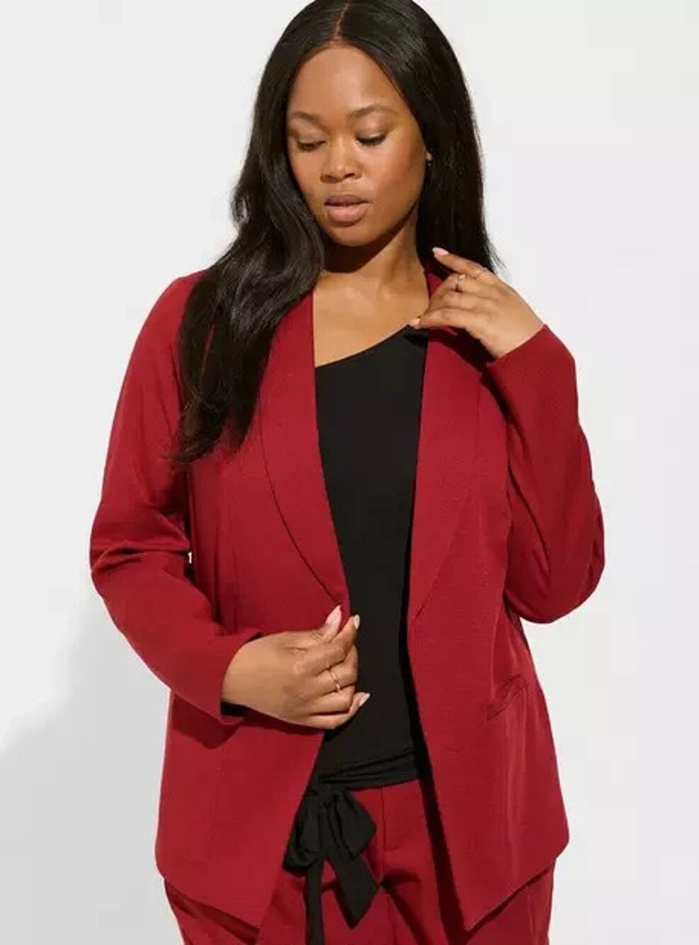 Torrid Studio Pique Longline Open Front Blazer Jacket Women 2 Red Textured Shawl